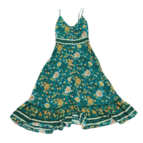 SOLD 🔴 Boho Buys long dress Printed floral fits XS, S green yellow blue - Picture 2 of 16